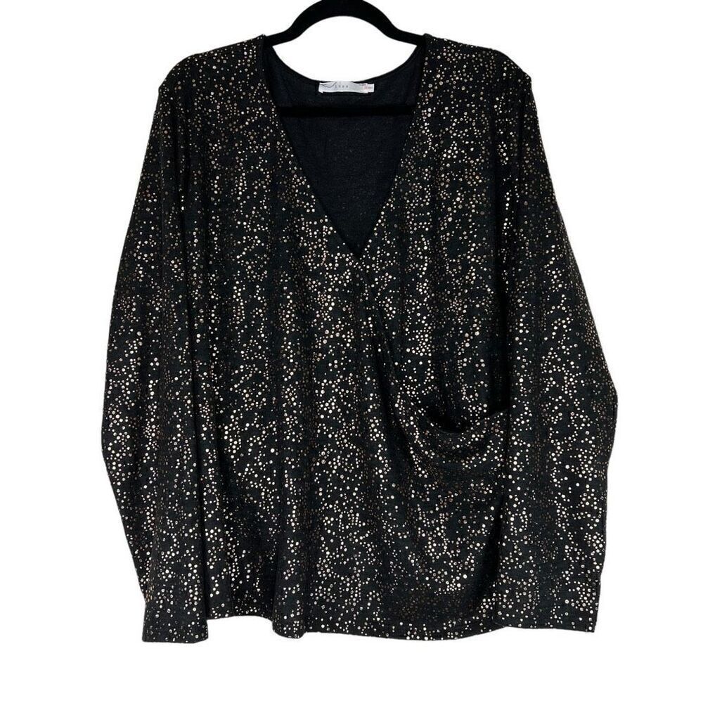 New Lush Faux Wrap Black Gold Shimmer Long Sleeve Top 3X